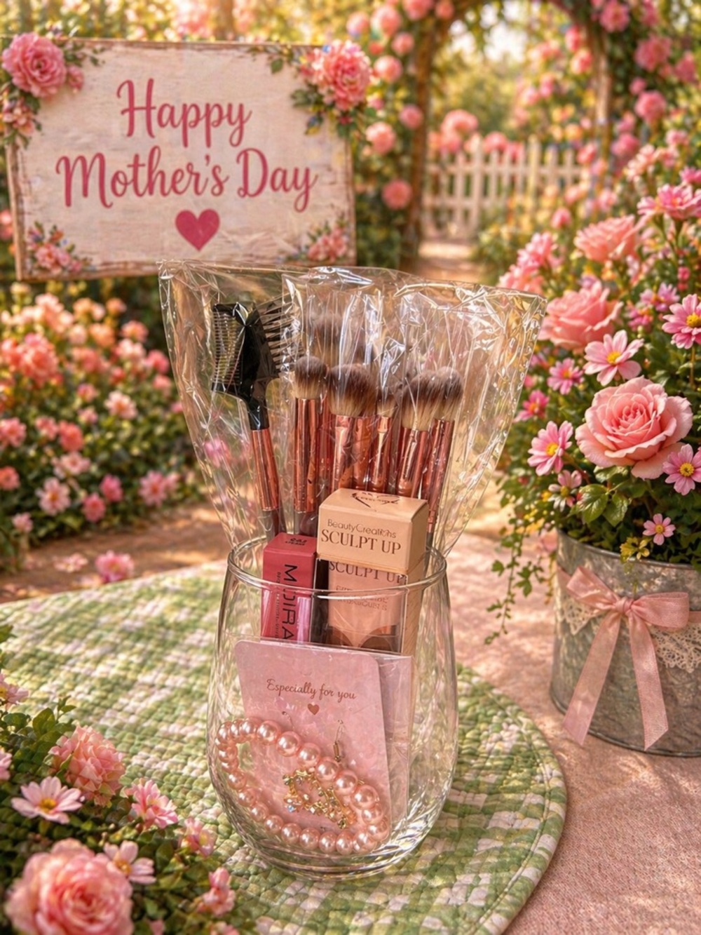 Rose Gold Makeup Brush Gift Set with Pink Accents